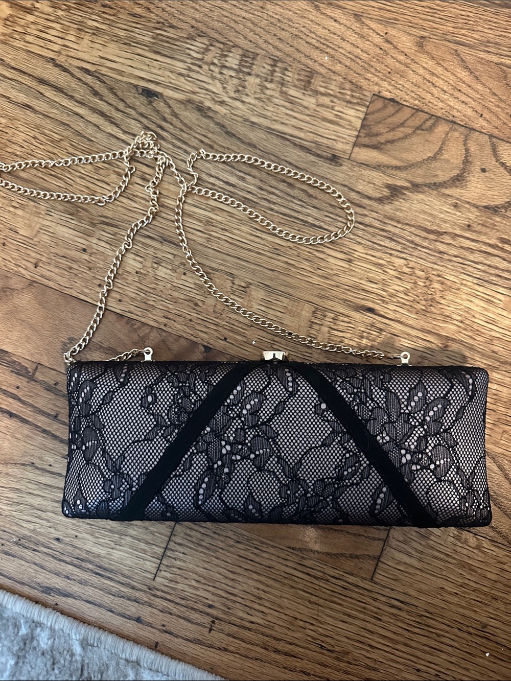 Dune London Black Lace Clutch with Gold Chain